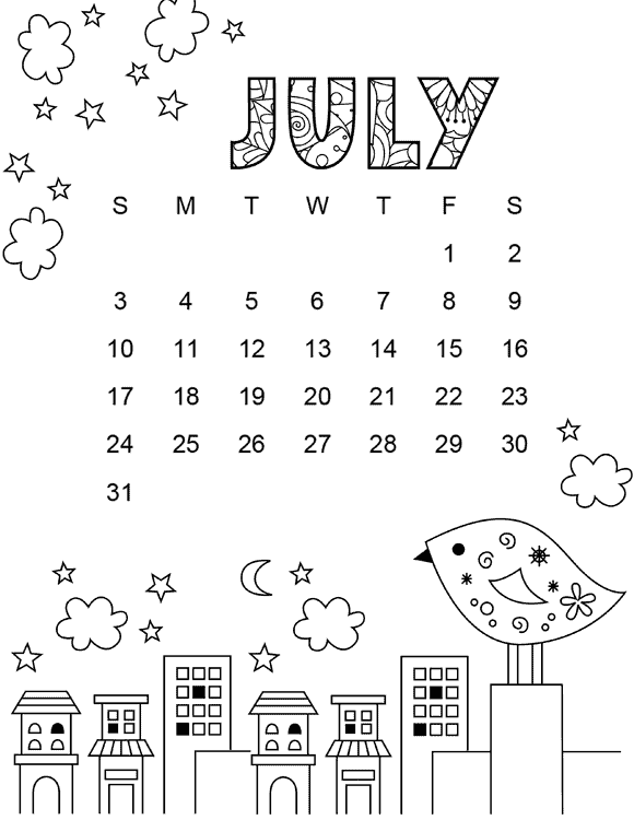 Whimsical birds coloring calendar