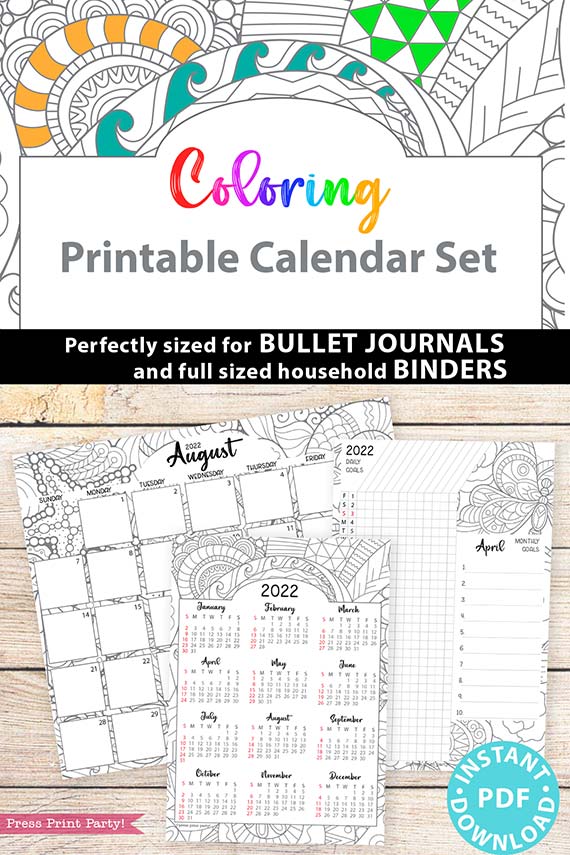 Calendar printable set adult coloring