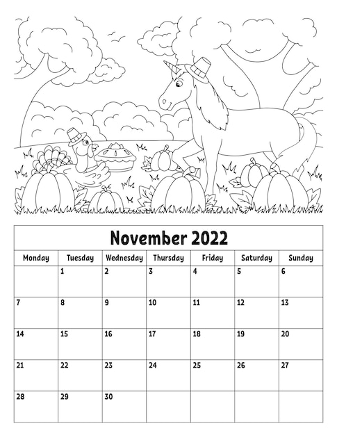 Premium vector vertical calendar for with a cute character coloring page for kids week starts on monday isolated vector illustration cartoon style