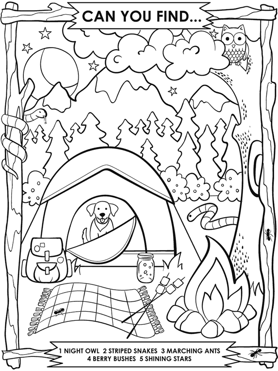 Camping search and find coloring page