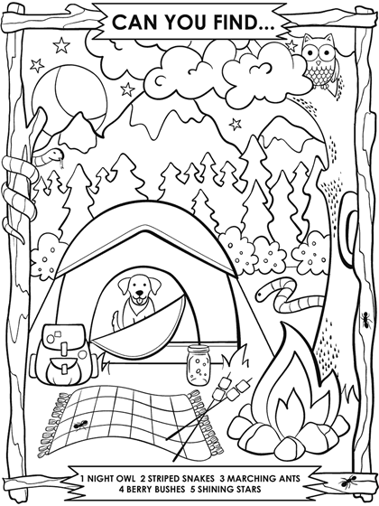 Camping search and find coloring page