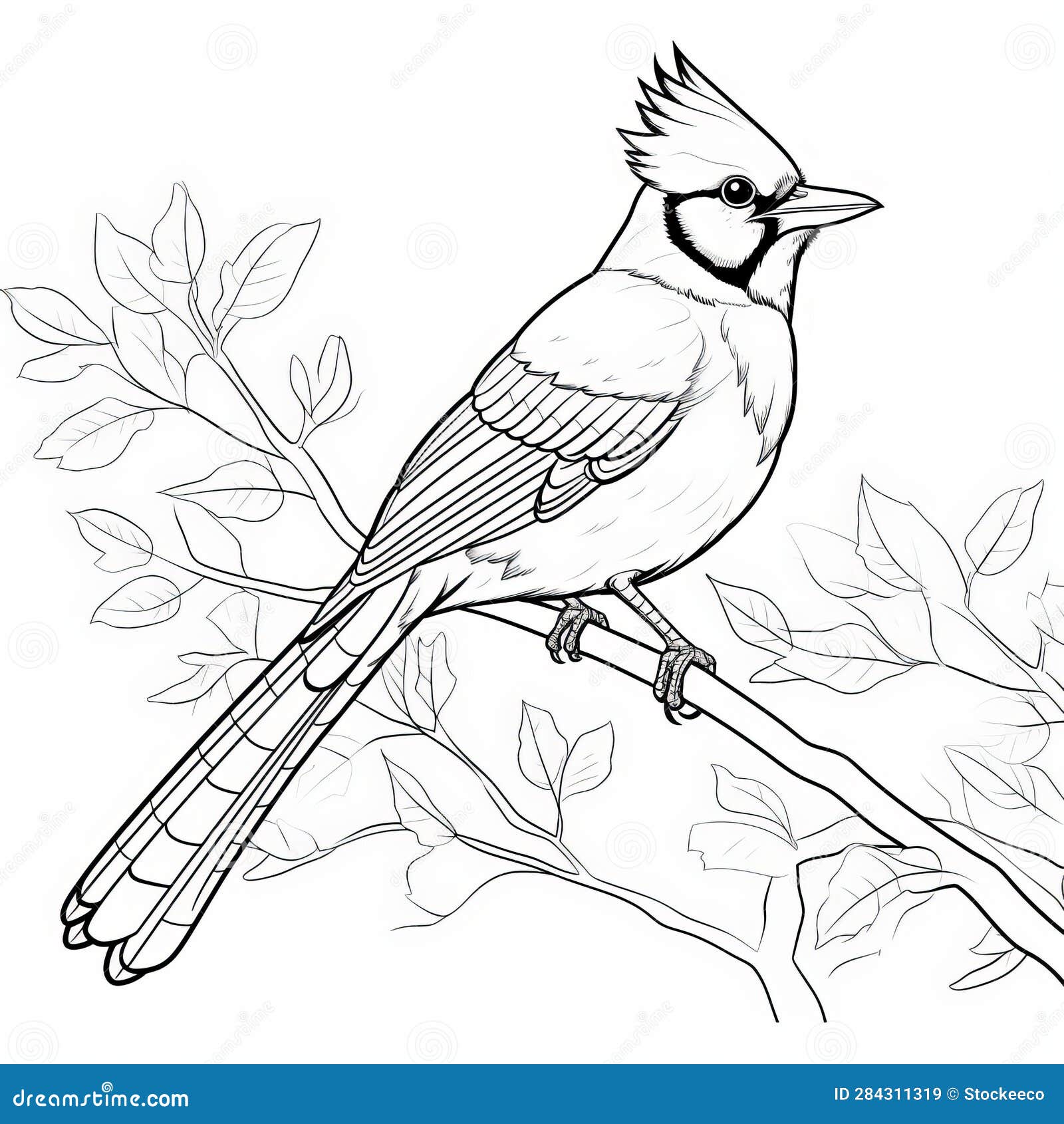 Realistic cardinal coloring page gray and blue cardinal on branch stock illustration