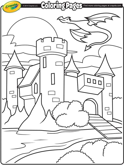 Castle with dragon flying above coloring page