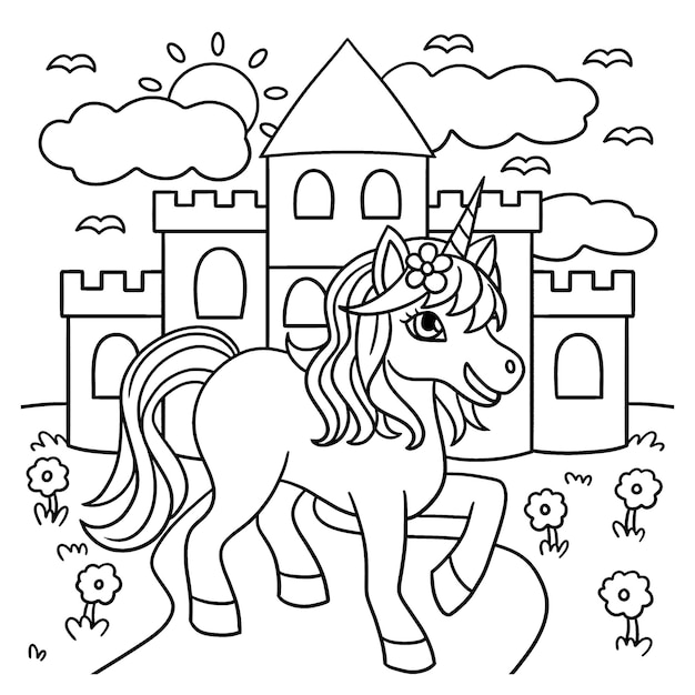 Premium vector unicorn castle coloring page for kids