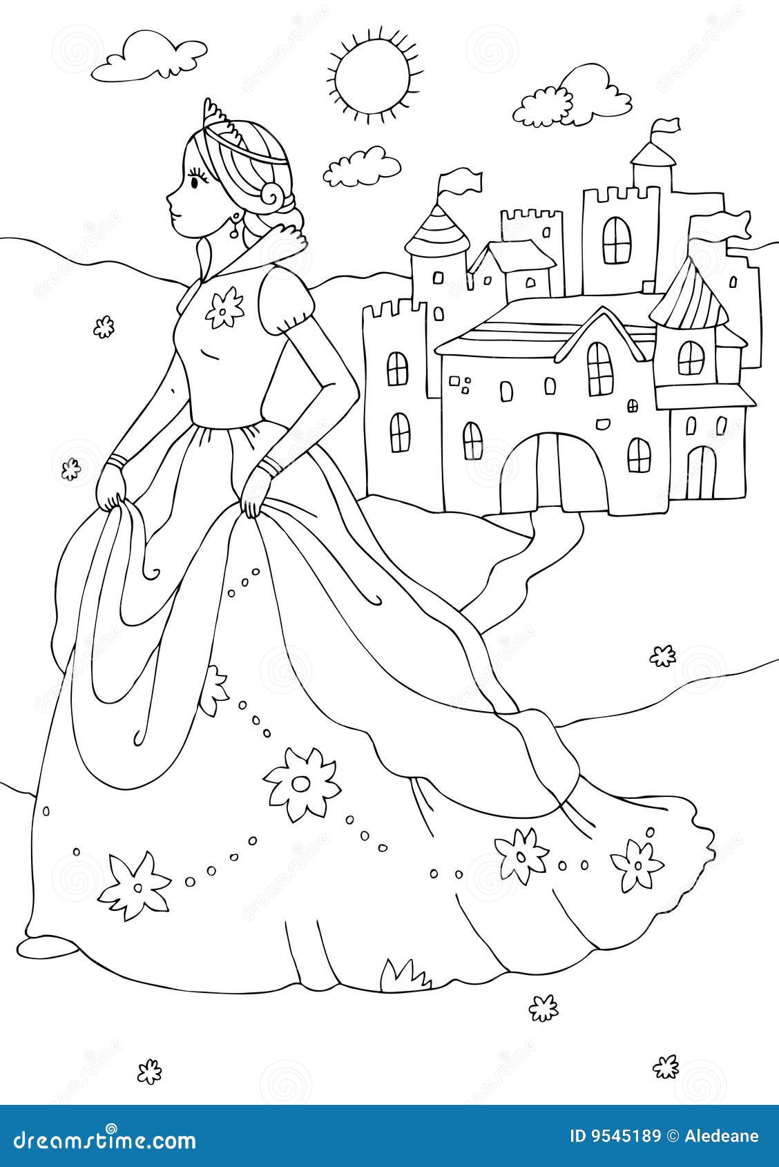 Princess and castle coloring page stock illustration