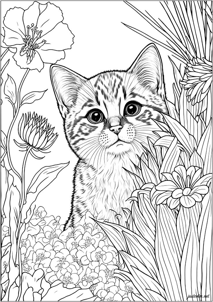 Cute cat behind flowers