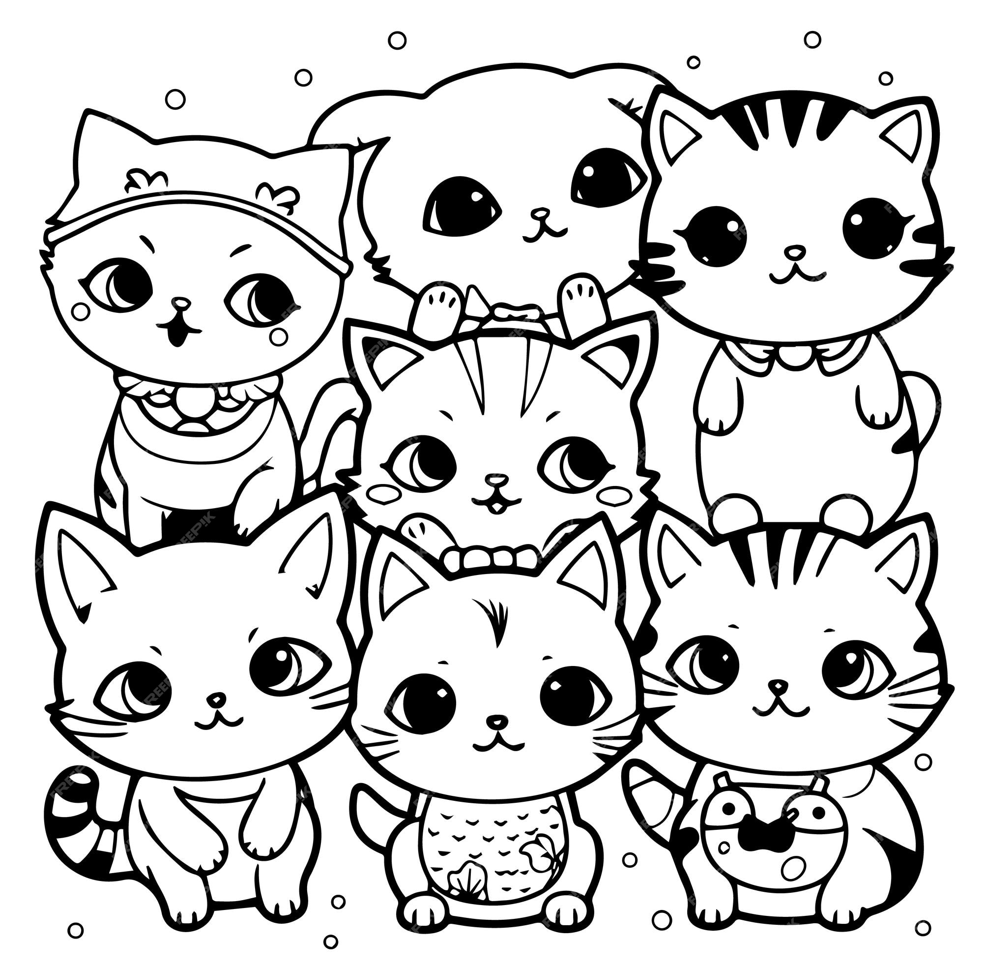 Premium vector a black and white drawing of a group of cats coloring page