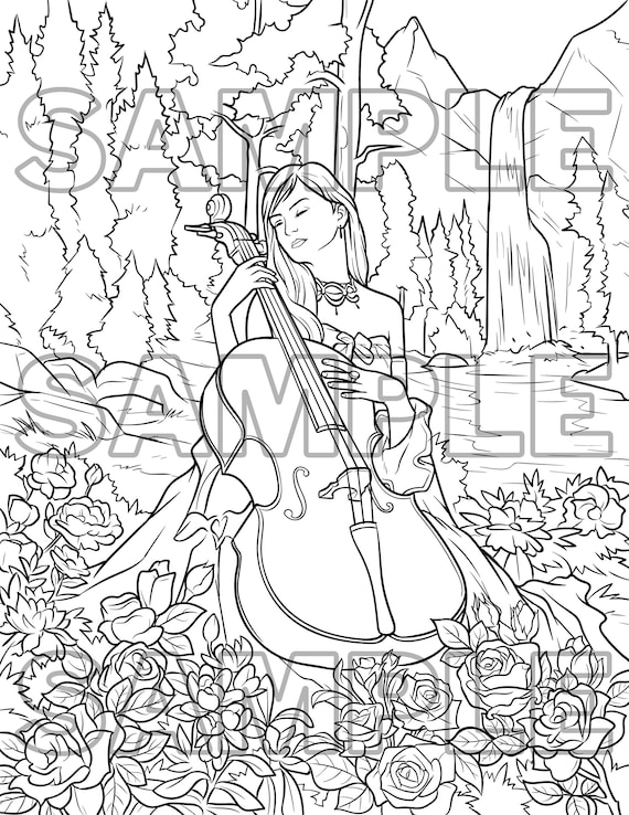 Woman and her cello coloring page