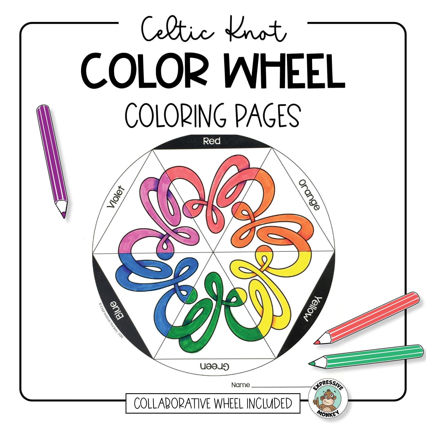 Color wheel coloring page with celtic knots