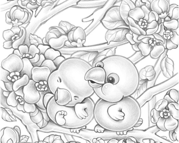 Cherry blossom flower coloring page printable for adult and kid grayscale coloring page for all ages bird pdf jpeg printable download