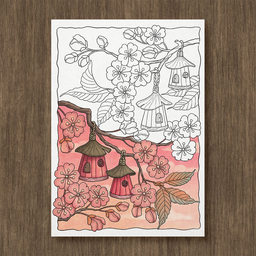 Cherry blossom village coloring page â grifik