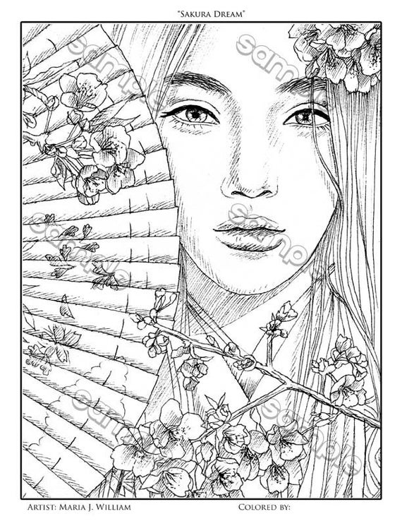 Asian girl with fan cherry blossoms coloring page by maria j william instant pdf download