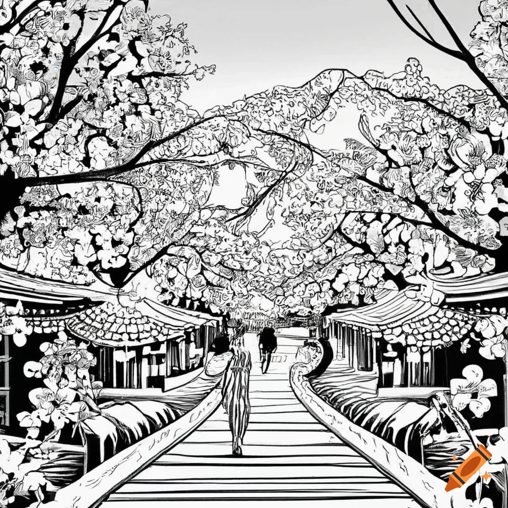 Coloring pages japanese scenery black outline only cherry blossom on