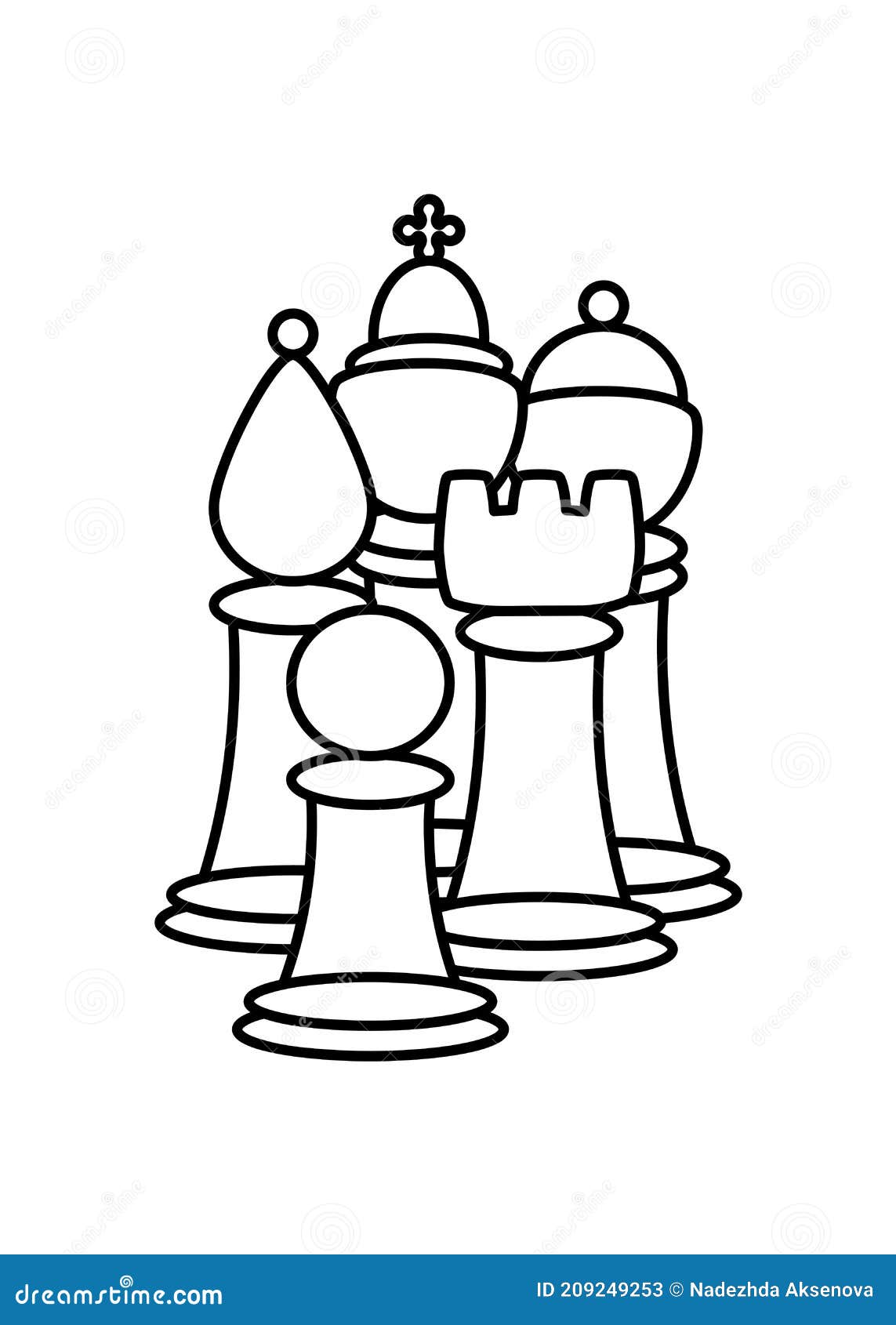 Coloring pages with chess pieces vector illustration with chess king queen rook bishop knights pawn stock vector