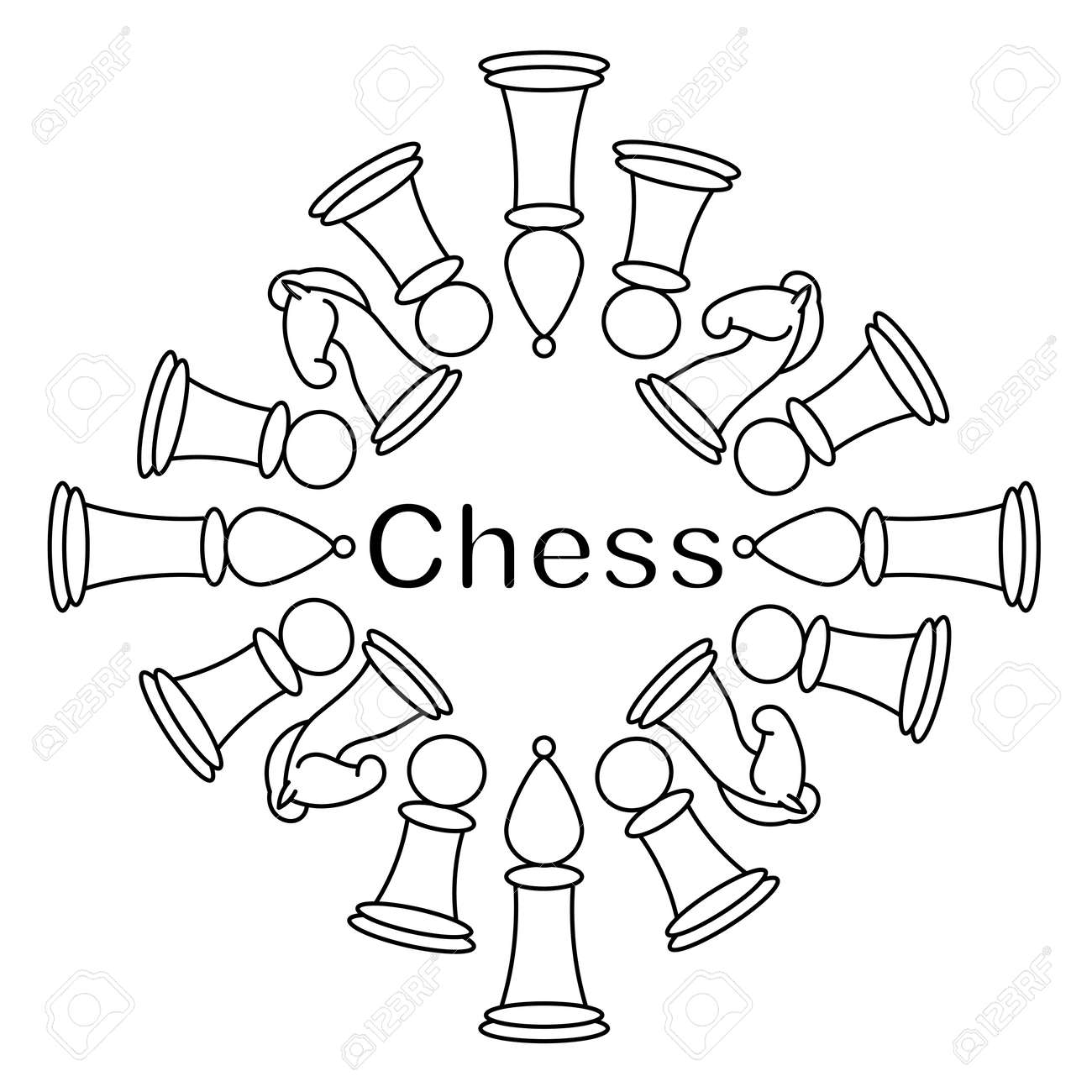 Vector illustration with chess pieces coloring pages or logo with chess king queen rook bishop knights pawn royalty free svg cliparts vectors and stock illustration image