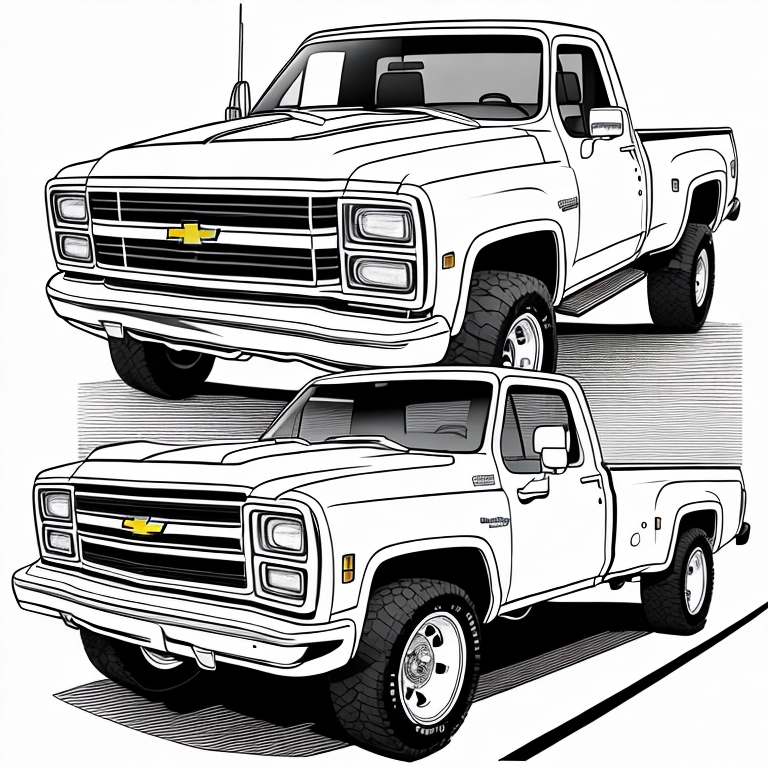 Black and white coloring page s chevy truck on the highway cartoon style thick lines low detl no shading aspect ratio