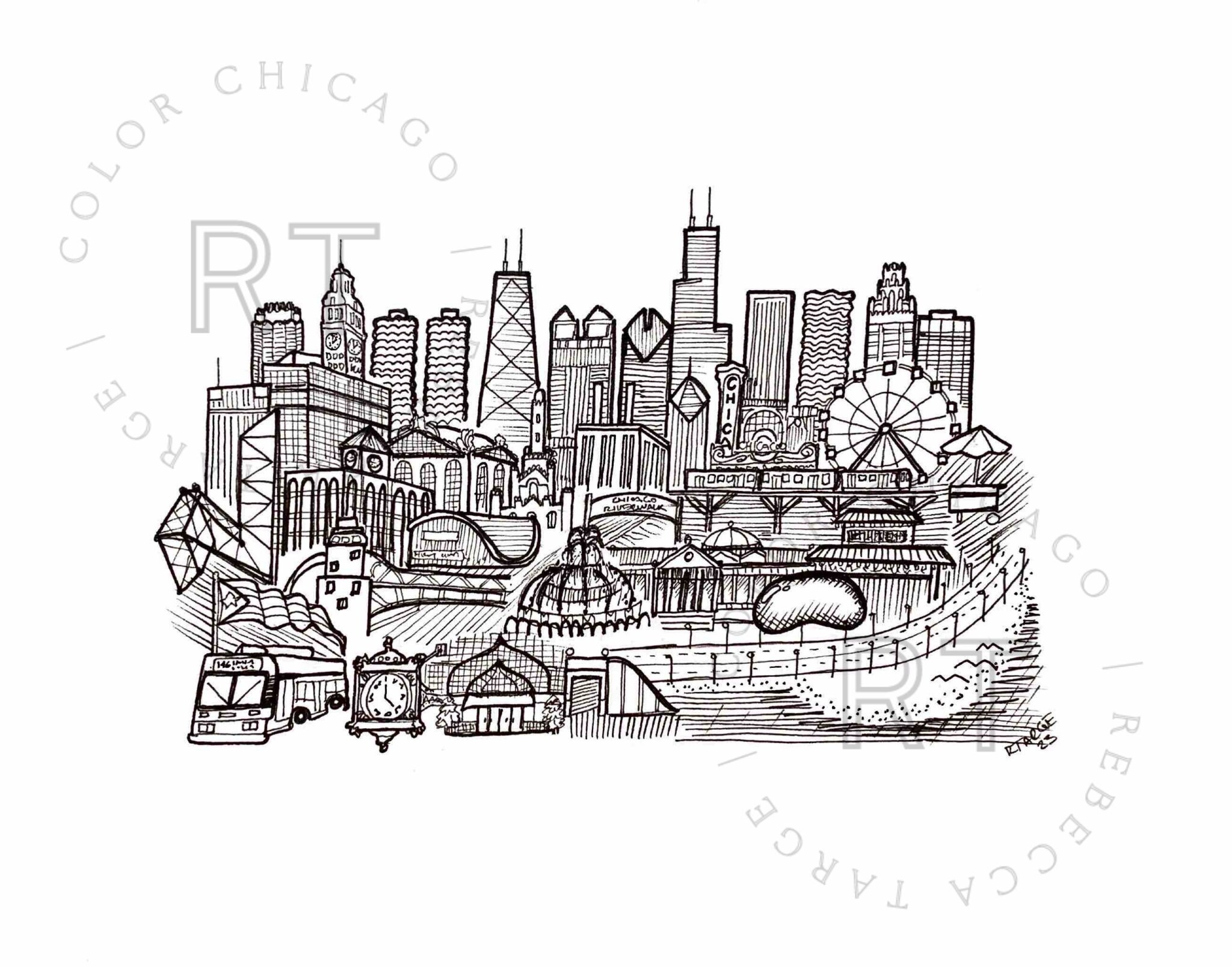 Ink drawing of chicago landmarks