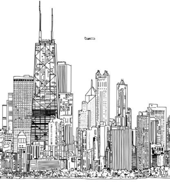 Chicago skyline panoramic view hand drawn illustration digital art print download