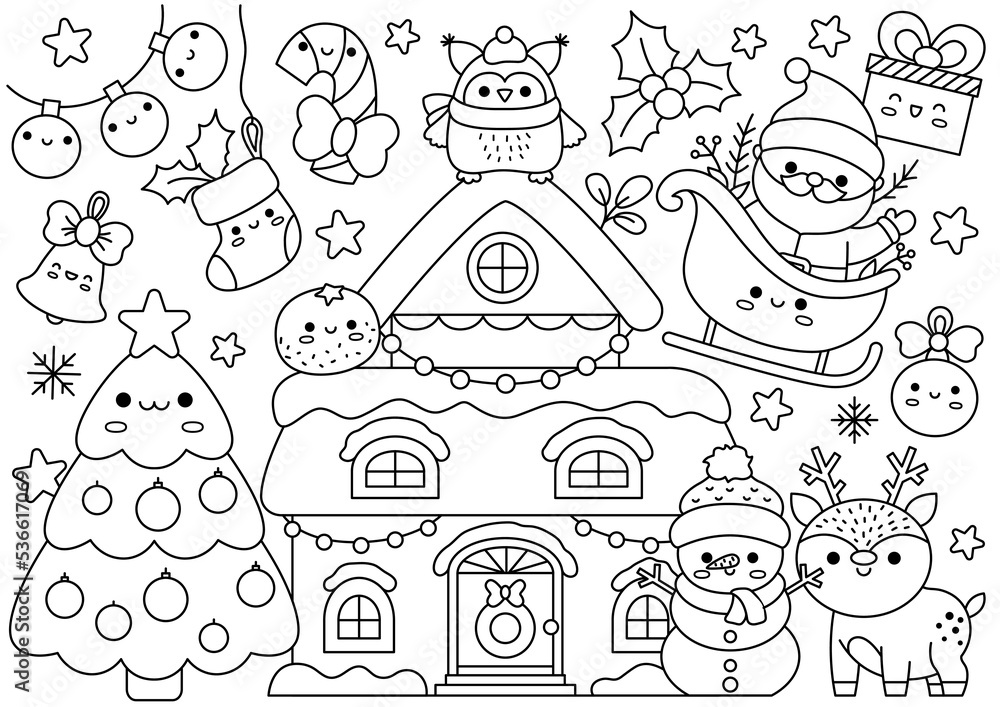 Vector christmas horizontal line coloring page for kids with cute kawaii characters black and white winter holiday illustration with house snowman santa claus funny searching poster vector