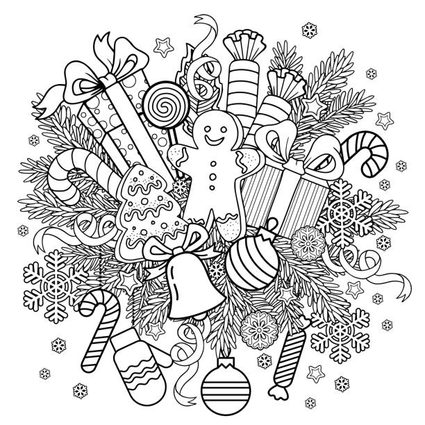 Vector black and white round shape coloring page for christmas coloring book sweets and gifts from santa and festive decoration stock illustration