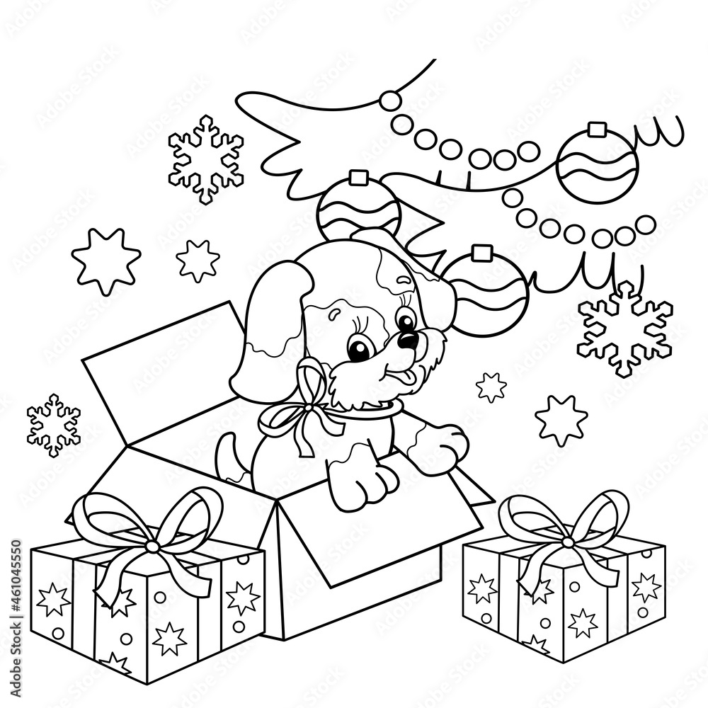Coloring page outline of christmas tree with gifts and with little dog christmas new year coloring book for kids vector