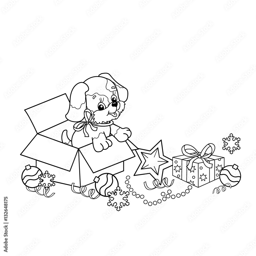 Coloring page outline of christmas tree with ornaments and gifts with puppy the year of the dog christmas new year coloring book for kids vector