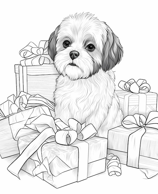 Premium ai image whimsical christmas pup coloring book page for adults with a shih tzu puppy