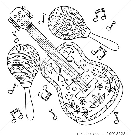 Cinco de mayo guitar and maracas coloring page