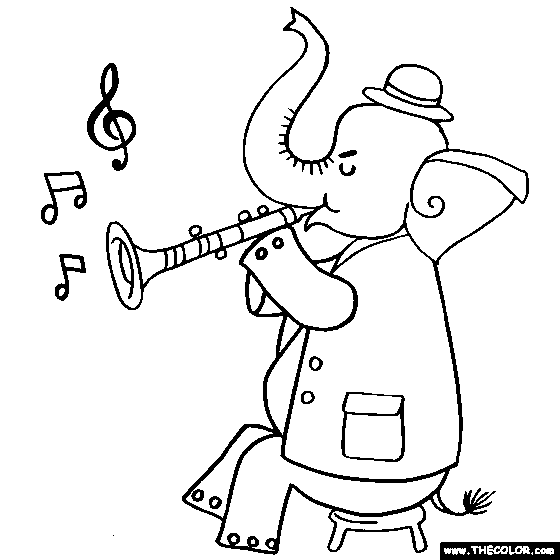 Clarinet playing elephant coloring page