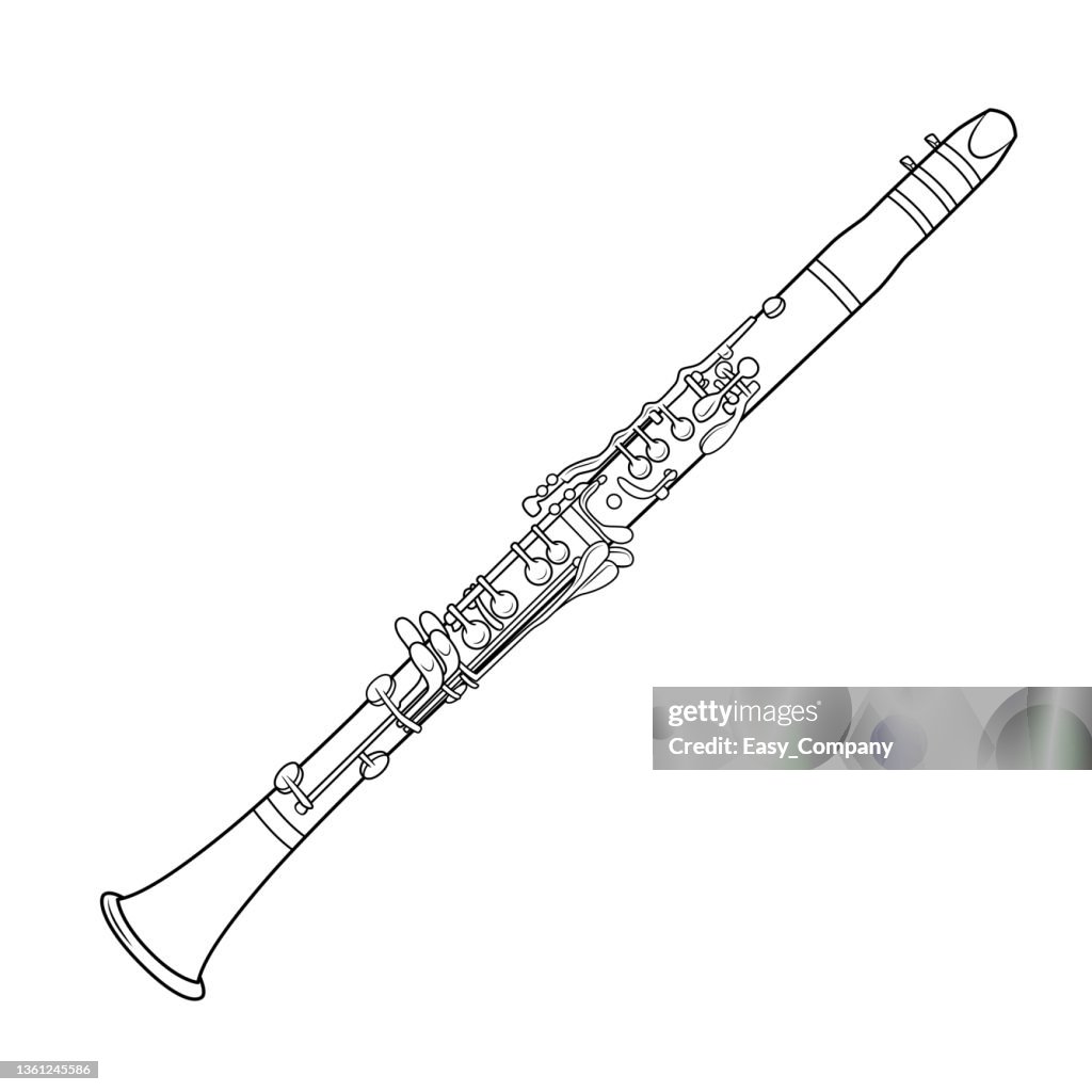 Black and white vector illustration of childrens activity coloring book pages with pictures of instrument clarinet high