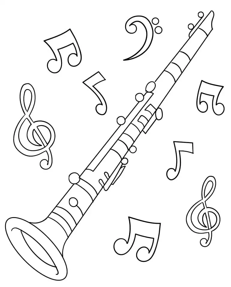 Clarinet with music notes coloring page