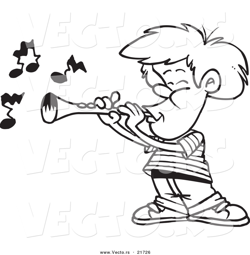 R of a cartoon boy playing a clarinet