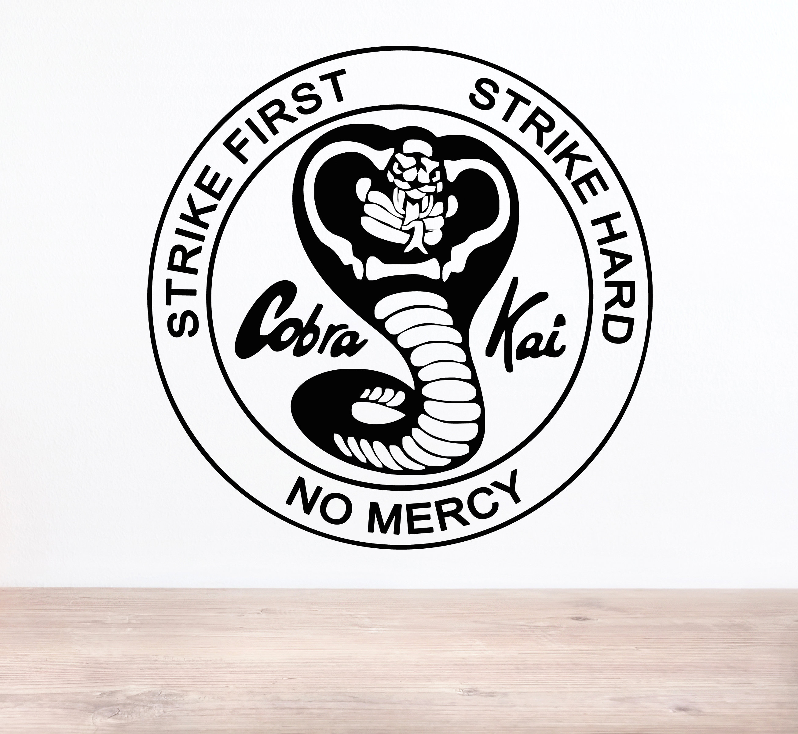 Cobra kai logo strike first strike hard no mercy wall decal sticker stencil tv show karate kid movie theme dojo mural s daniel johnny