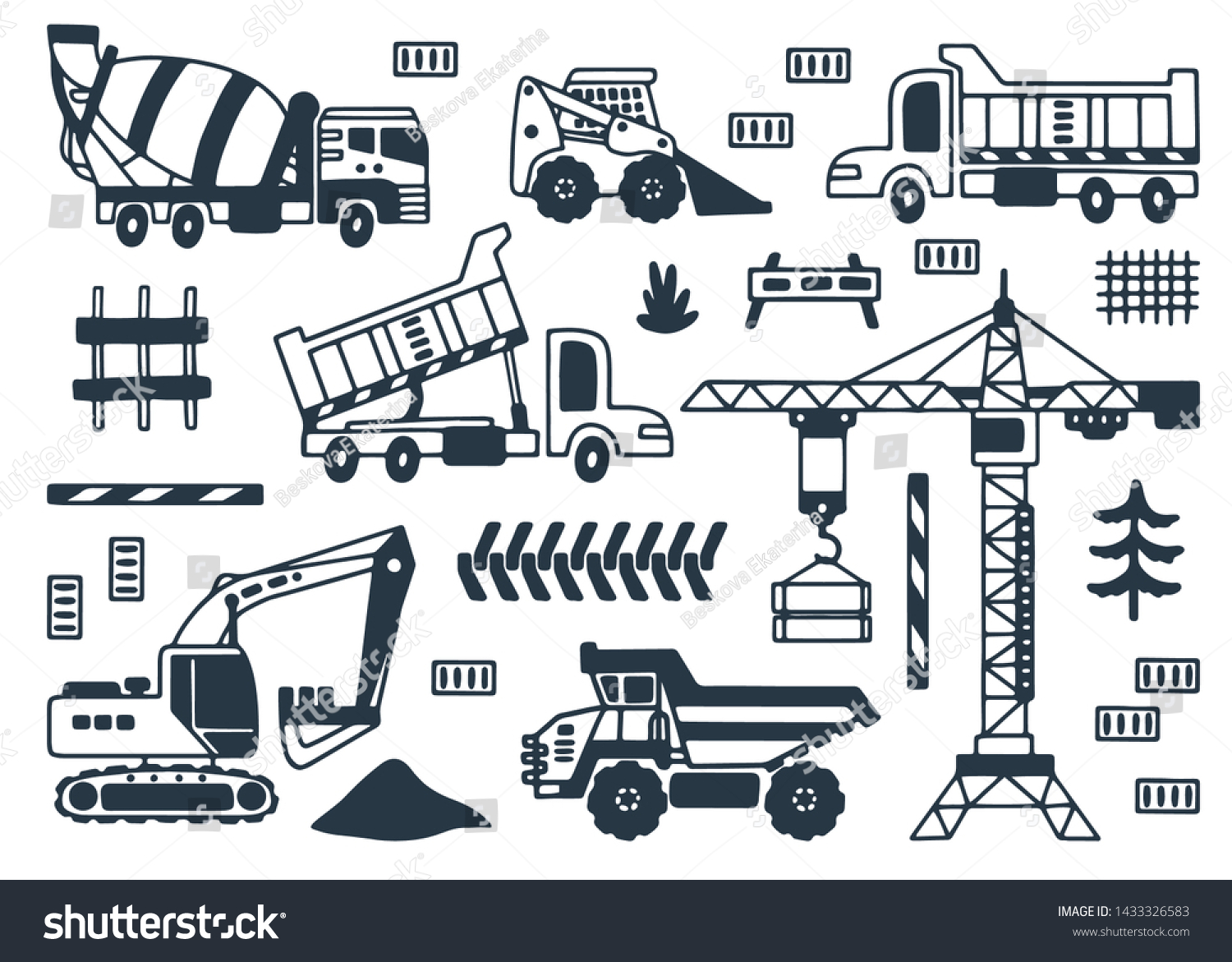 Coloring page set construction trucks crane stock vector royalty free