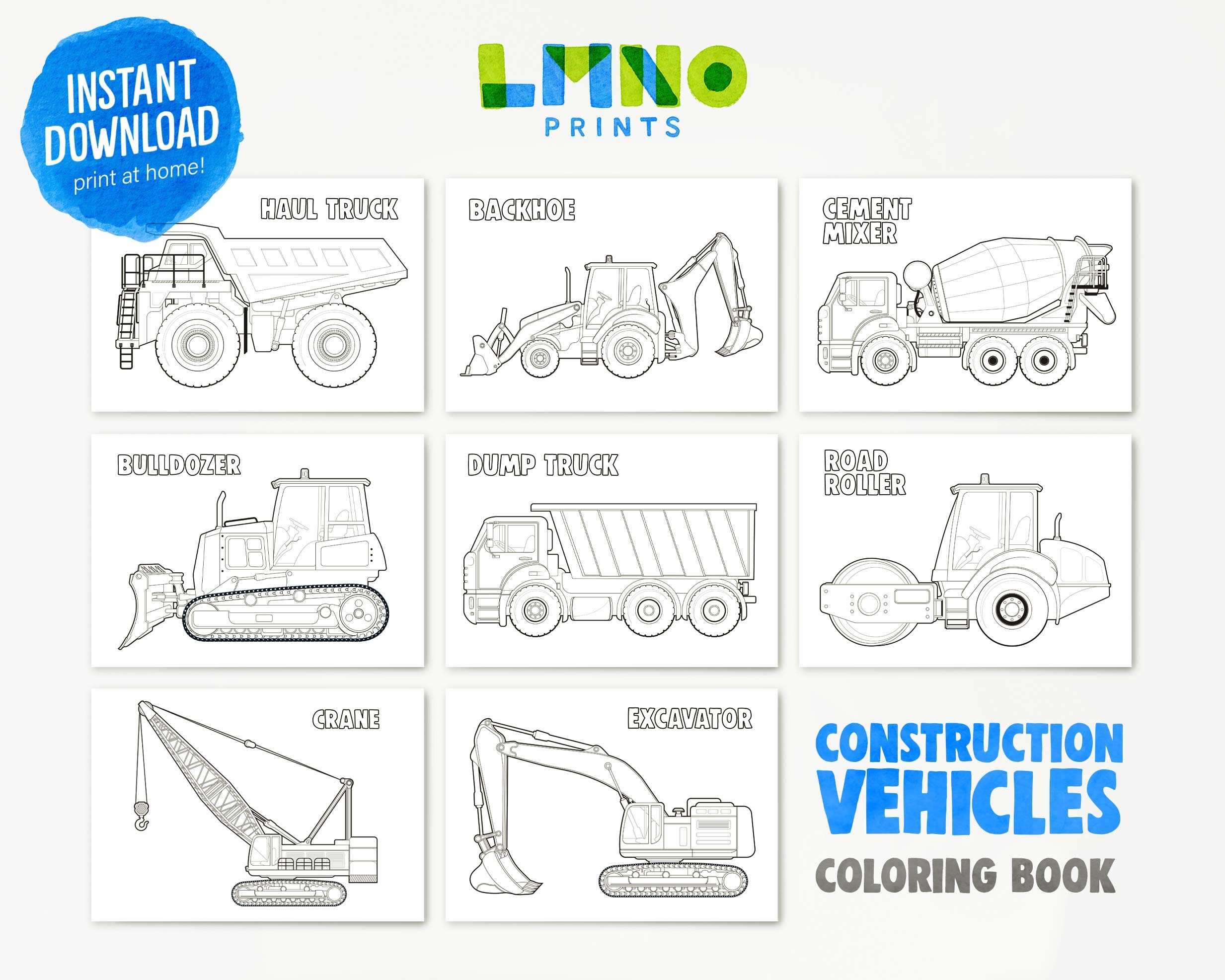 Construction vehicle coloring book pages printable transportation art for toddler or big kid homeschool activity instant download instant download