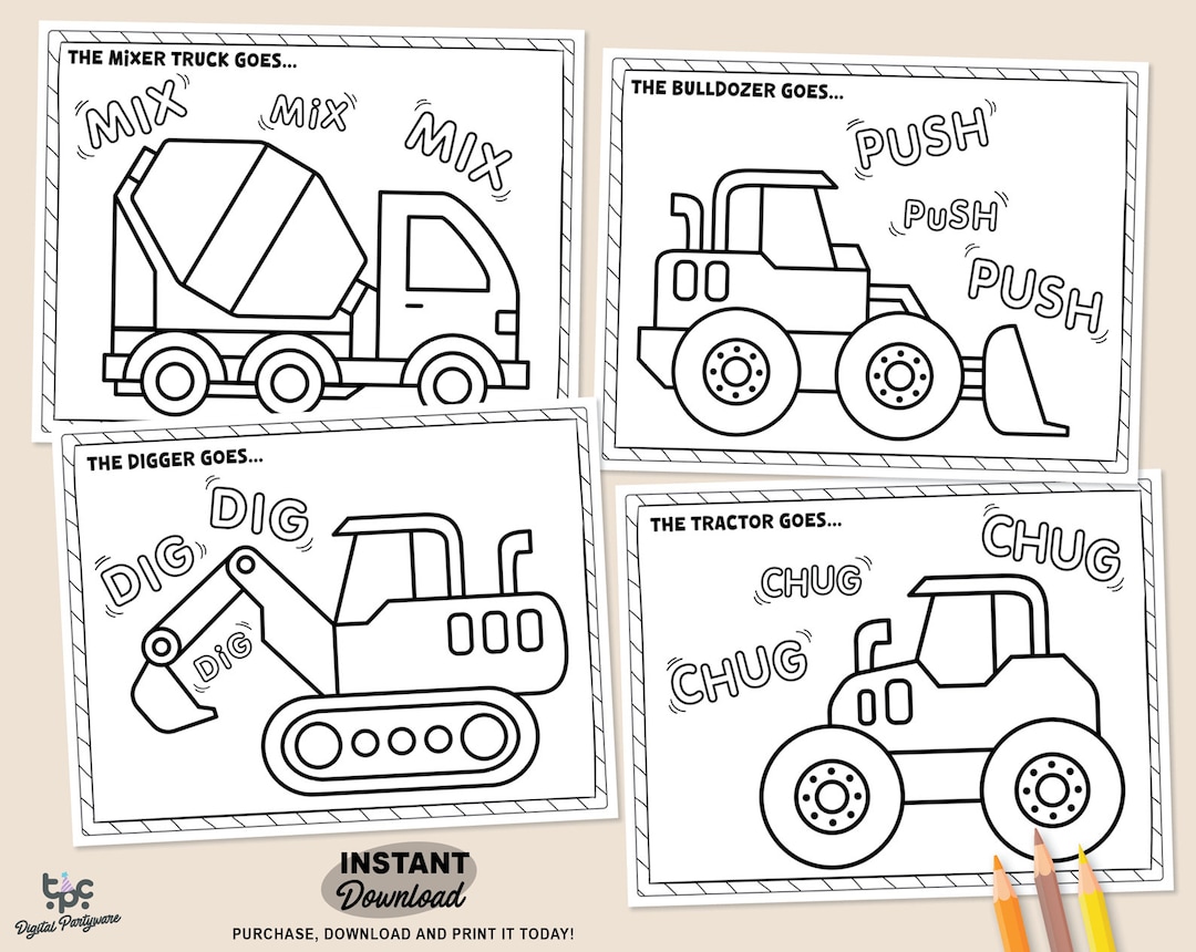Construction trucks coloring pages printable kids party games tractor birthday favor homeschool printable sheet builder activity