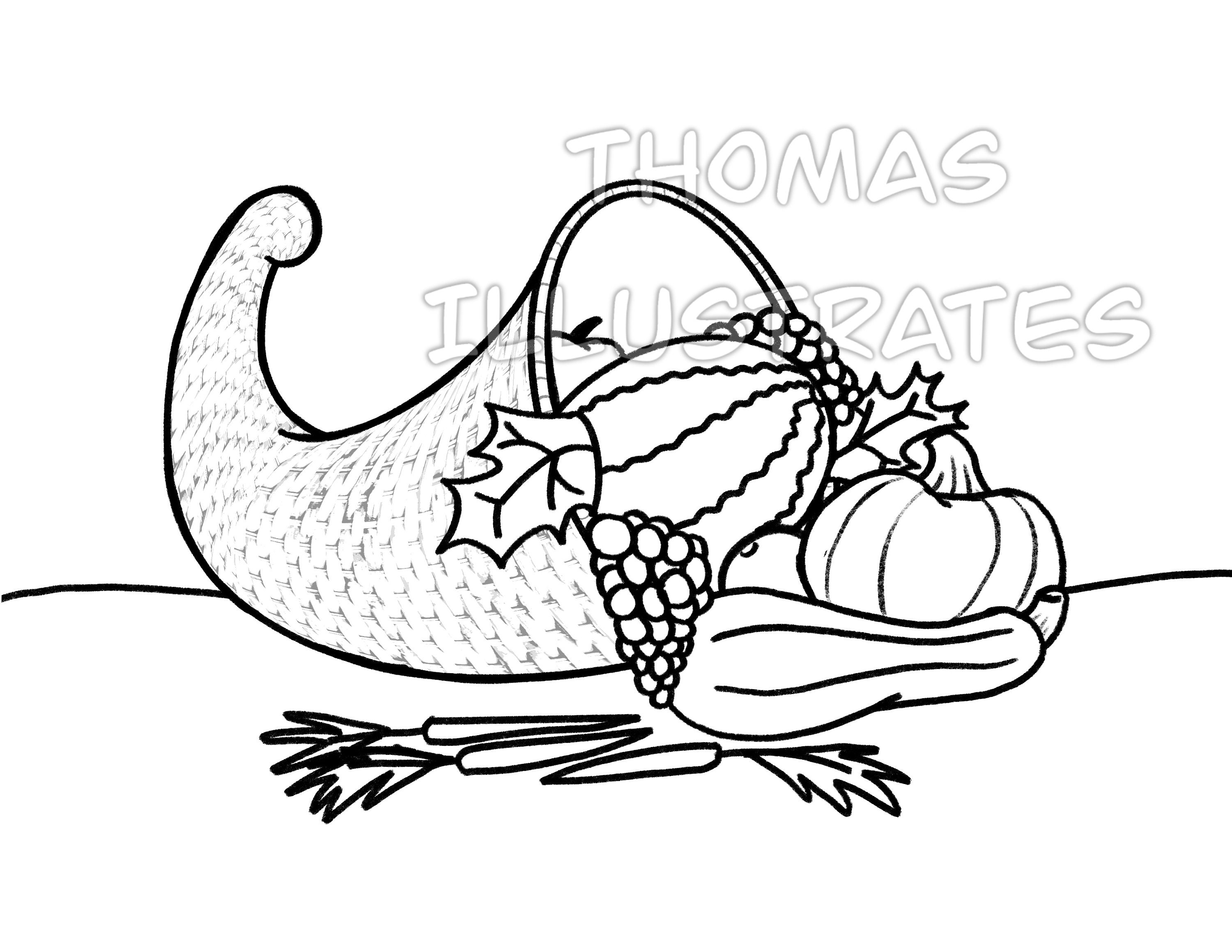 Digital file thanksgiving cornucopia coloring page