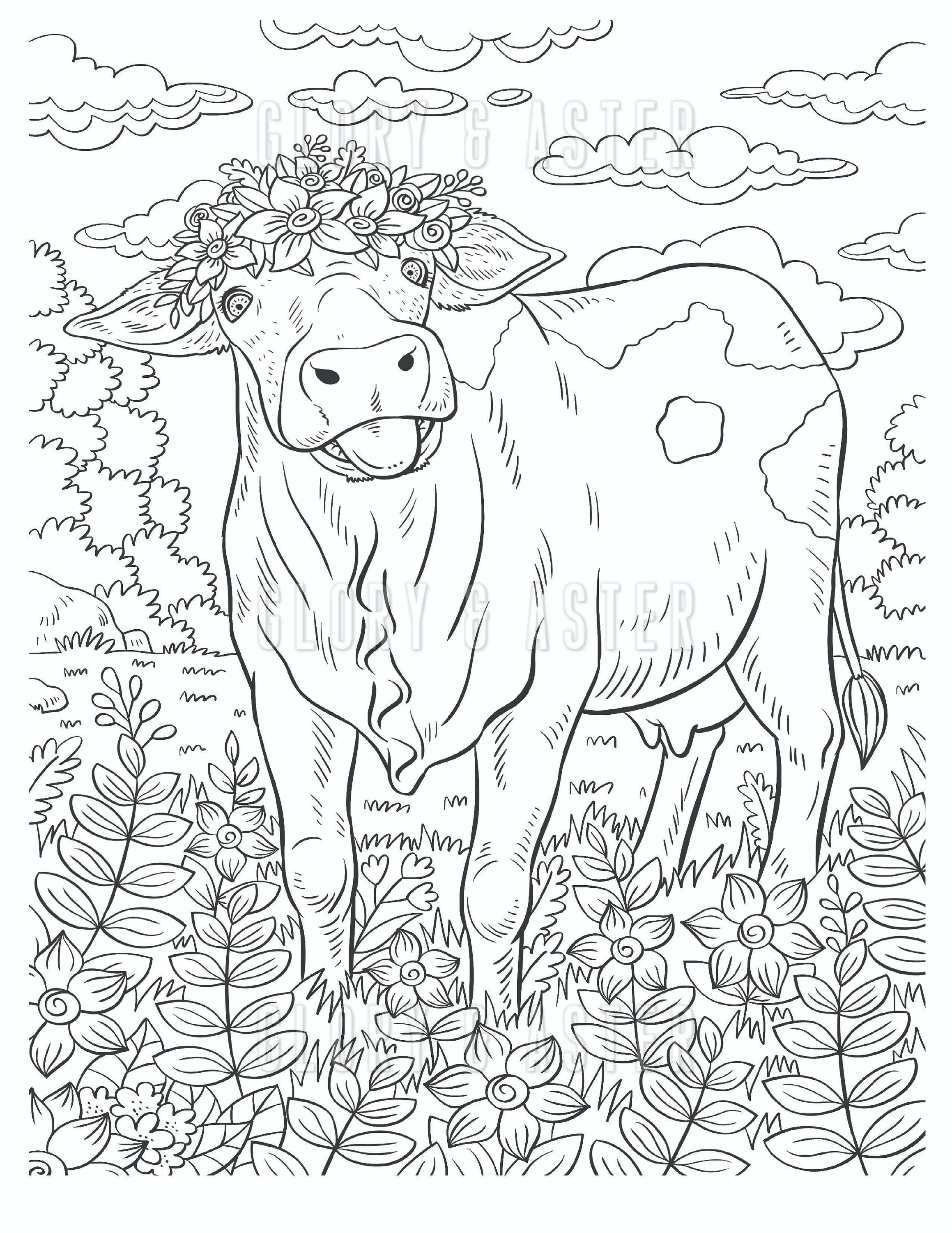 Cow printable coloring page adult coloring book instant download coloring sheets cute animals coloring printable