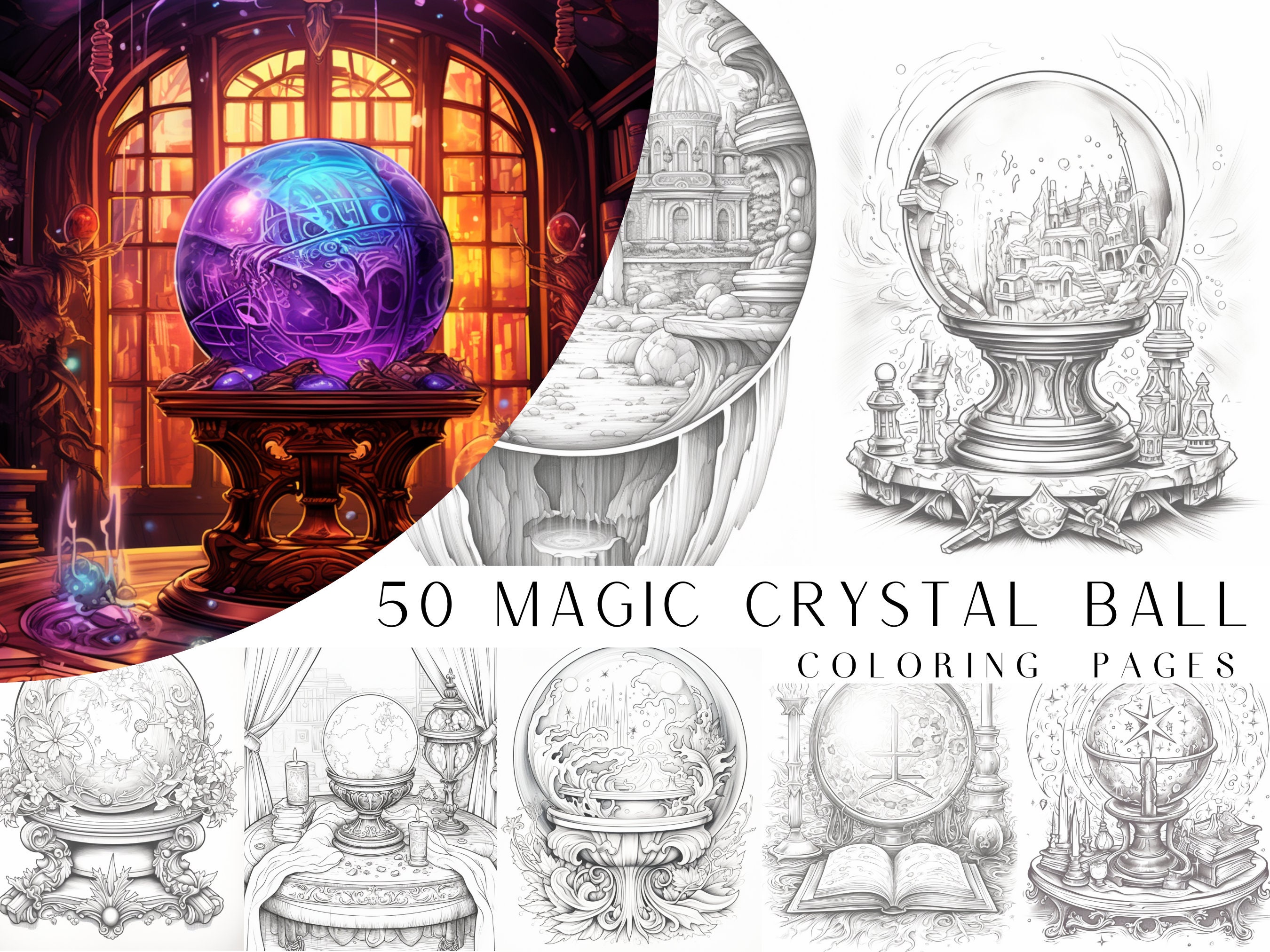 Magic crystal ball coloring pages adult and kids coloring book fantasy coloring sheets instant download printable pdf file download now