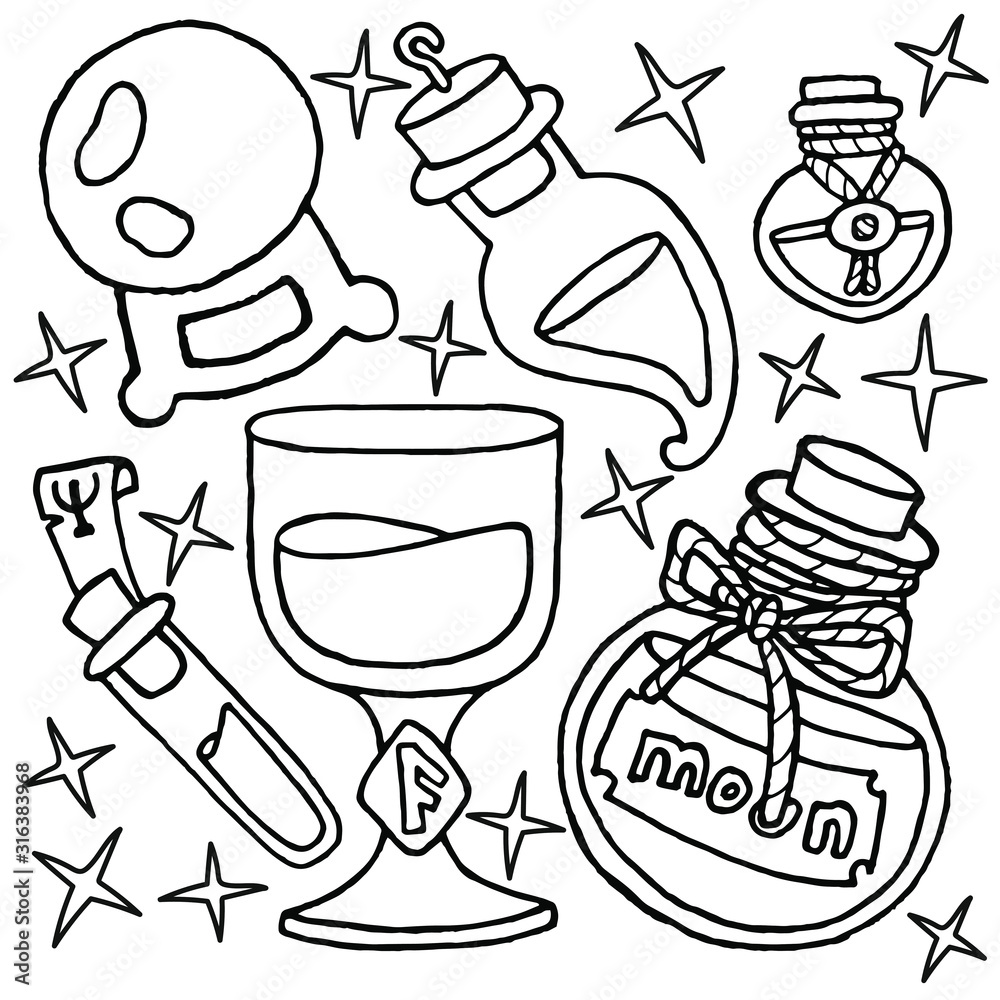 Magic potions icon vector image hand drawing bottles goblet crystal ball and stars wicca occultism alchemy magic items coloring page lineart book illustration vector