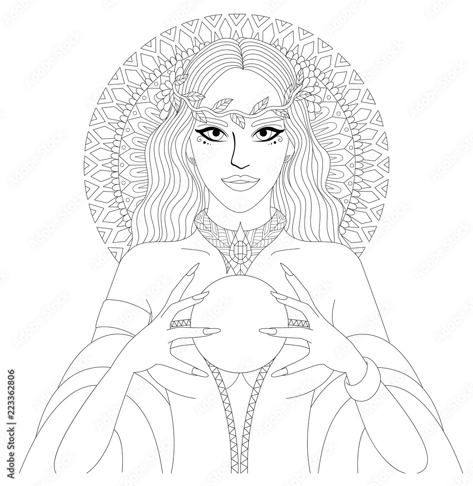 Beautiful witch or fortune teller holding crystal ball halloween theme for design element and coloring pages vector illustration vector