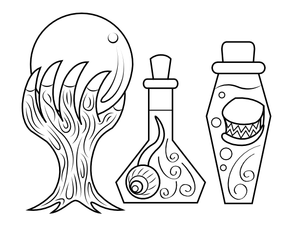 Printable crystal ball and potions coloring page