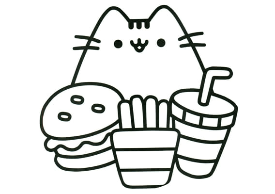 Pusheen with fast food coloring page cute coloring pages