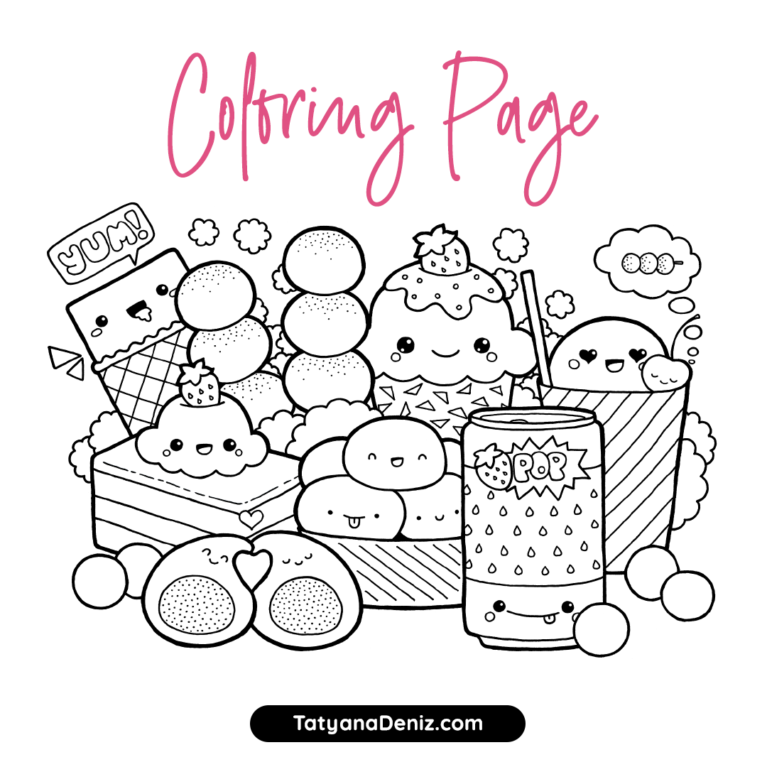 Free coloring page with kawaii food doodle printable pdf