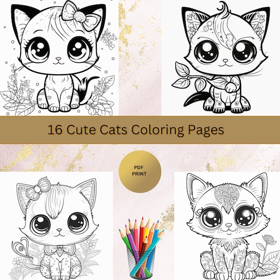 Cute kittens coloring pages kawaii eyes kittens coloring for kids printable download instant download cat coloring pages printable