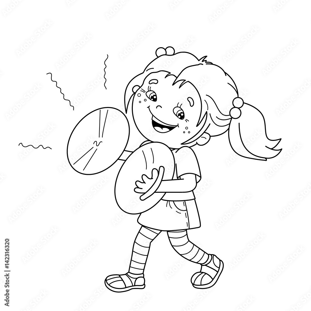 Coloring page outline of cartoon girl playing the cymbals musical instruments coloring book for kids vector