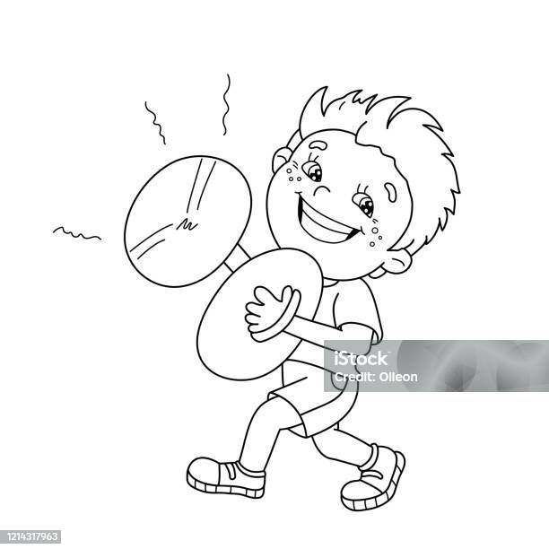 Coloring page outline of cartoon boy playing the cymbals musical instruments coloring book for kids stock illustration