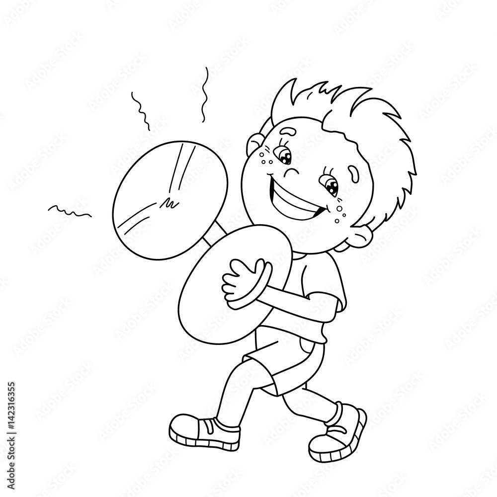 Coloring page outline of cartoon boy playing the cymbals musical instruments coloring book for kids vector