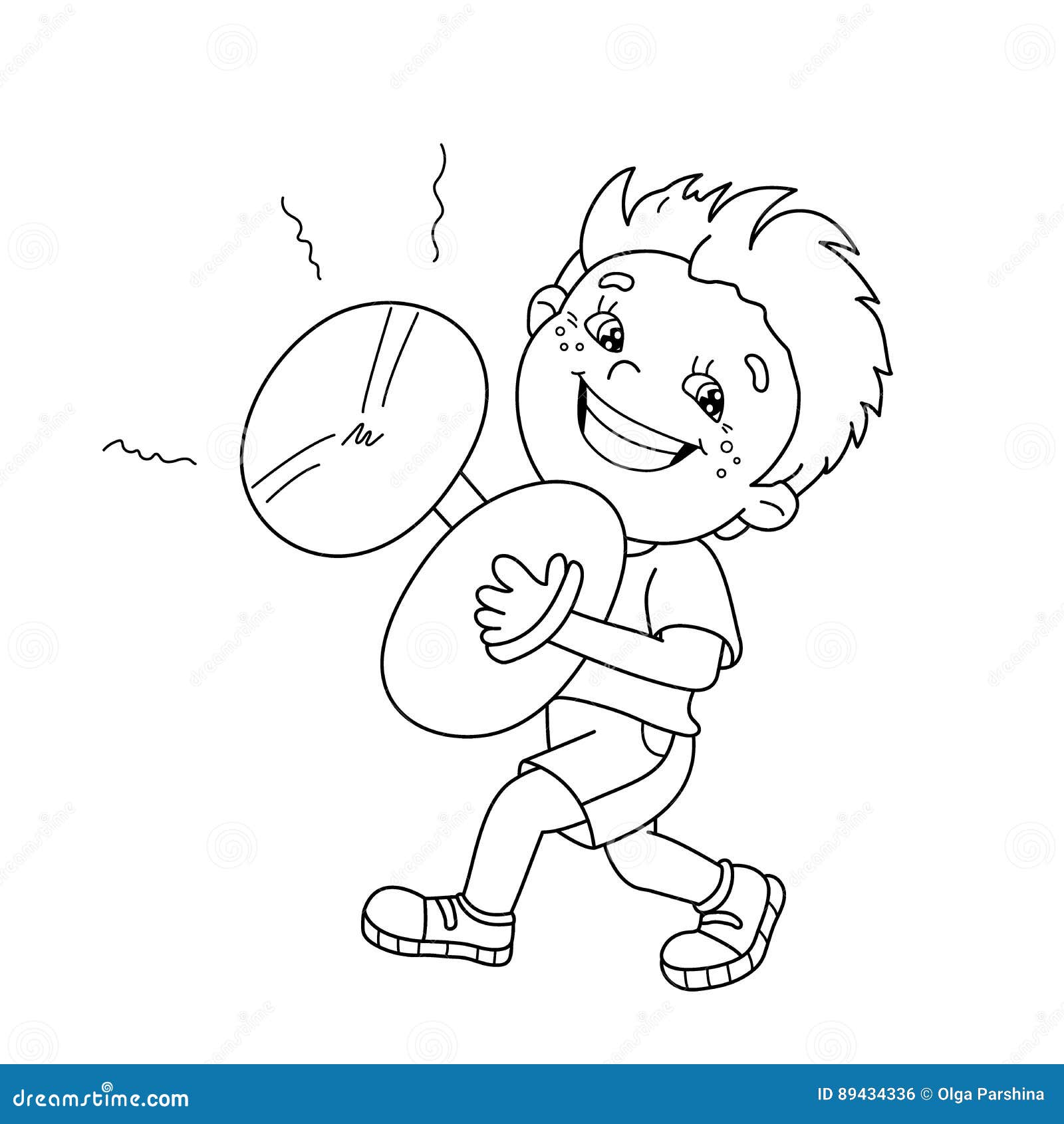 Coloring page outline of cartoon boy playing the cymbals stock vector