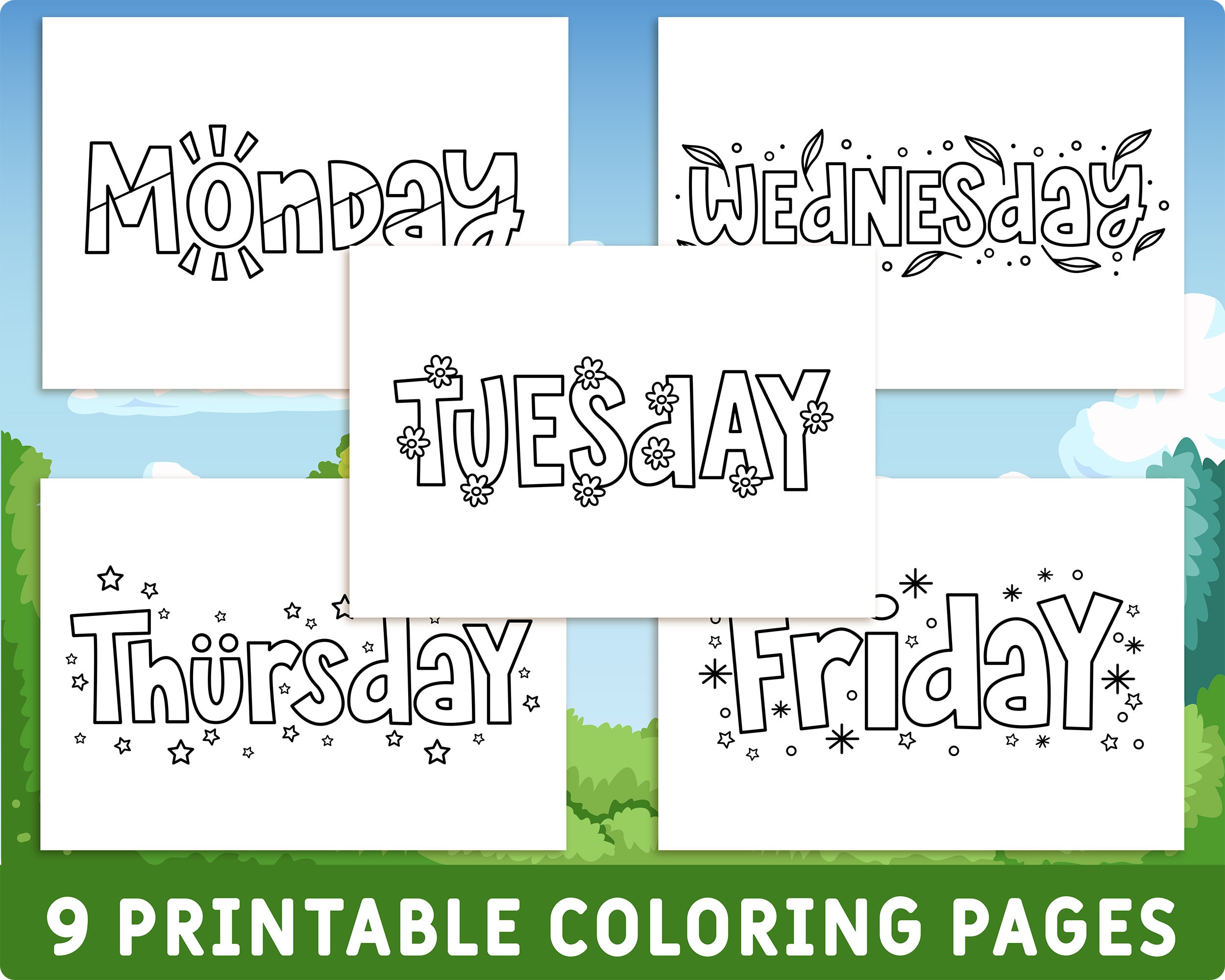 Printable names of days of the week happy weekend coloring pages for kids weekdays colouring book party activity